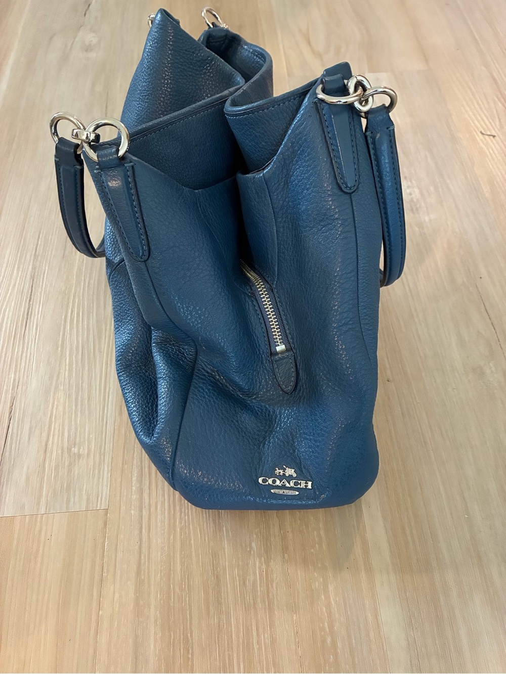 COACH Pebbled Leather Hobo in Deep Teal Blue with Silver Hardware